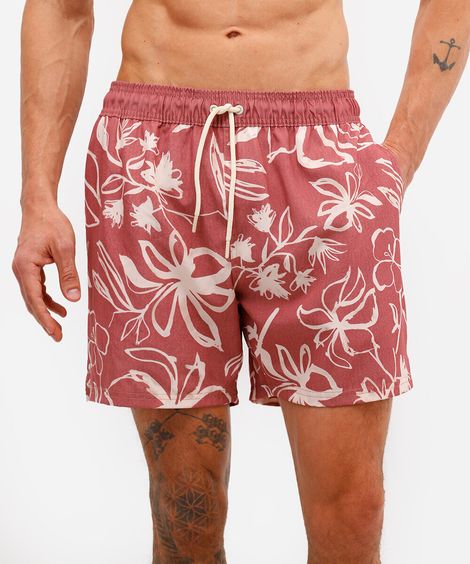 short masculino cós elástico floral rosa