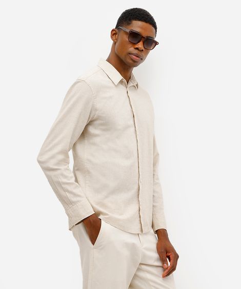 camisa masculina de linho e algodão manga longa bege