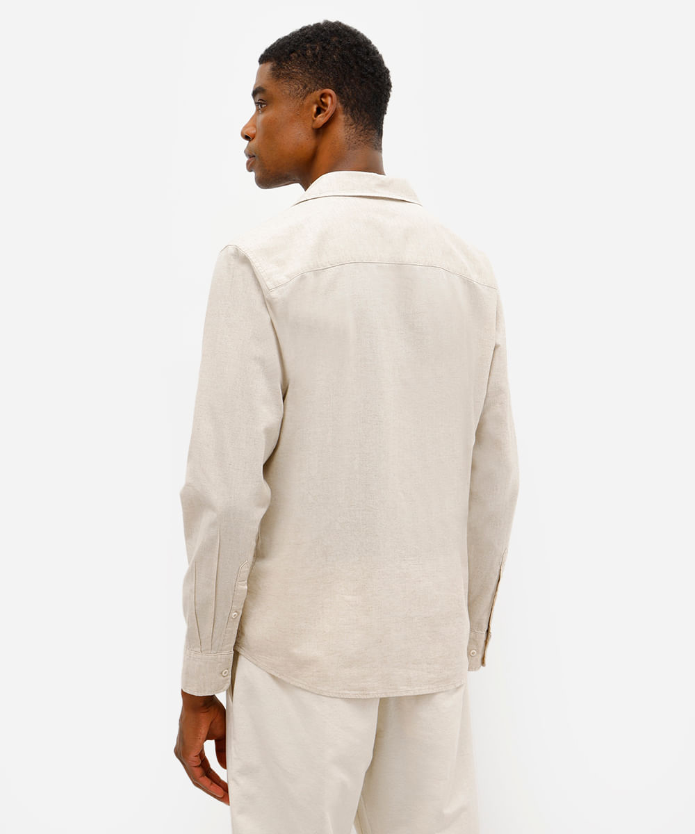 camisa masculina de linho e algodão manga longa bege