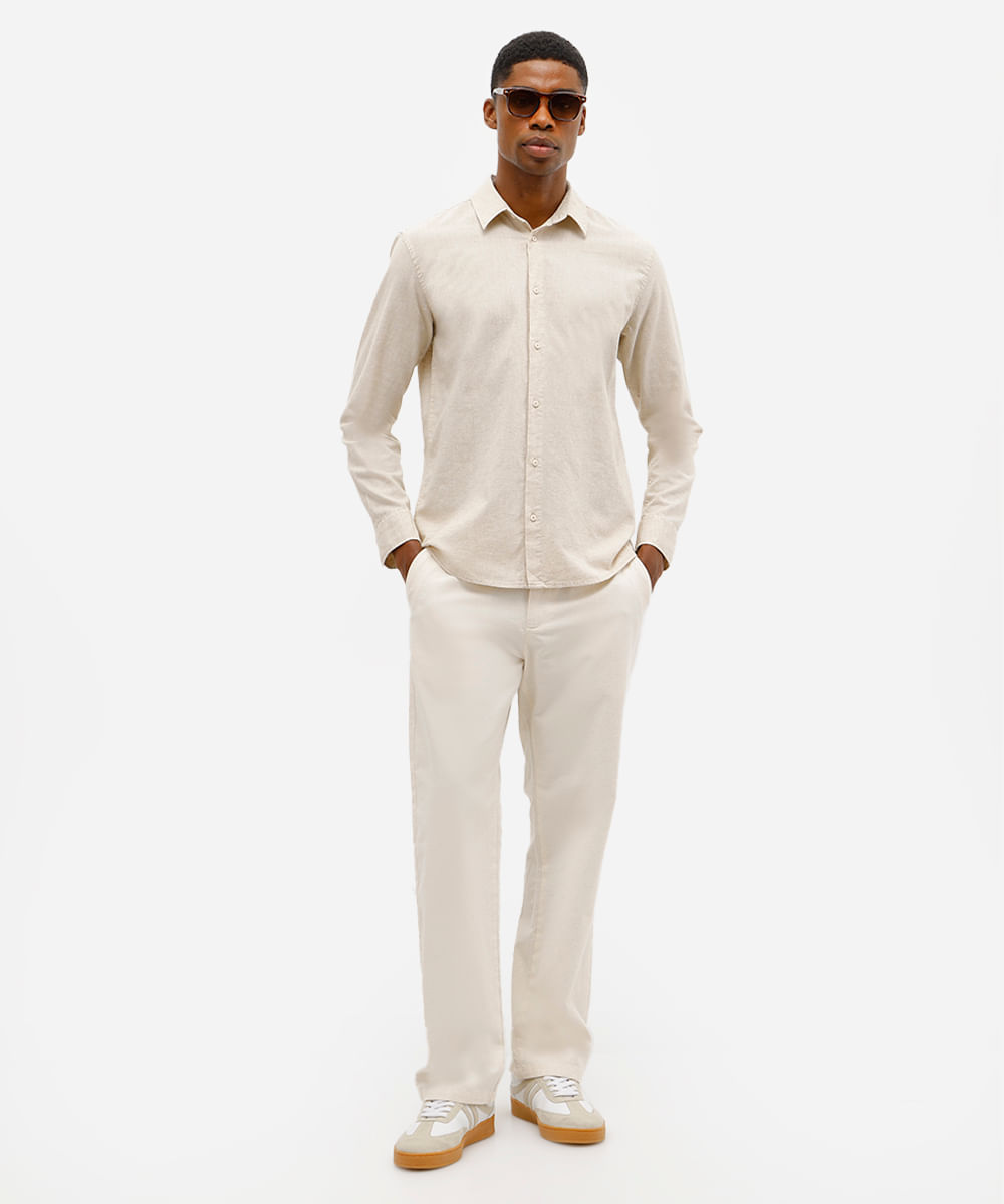 camisa masculina de linho e algodão manga longa bege