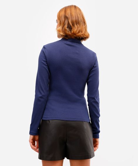 polo feminina de algodão manga longa canelada azul