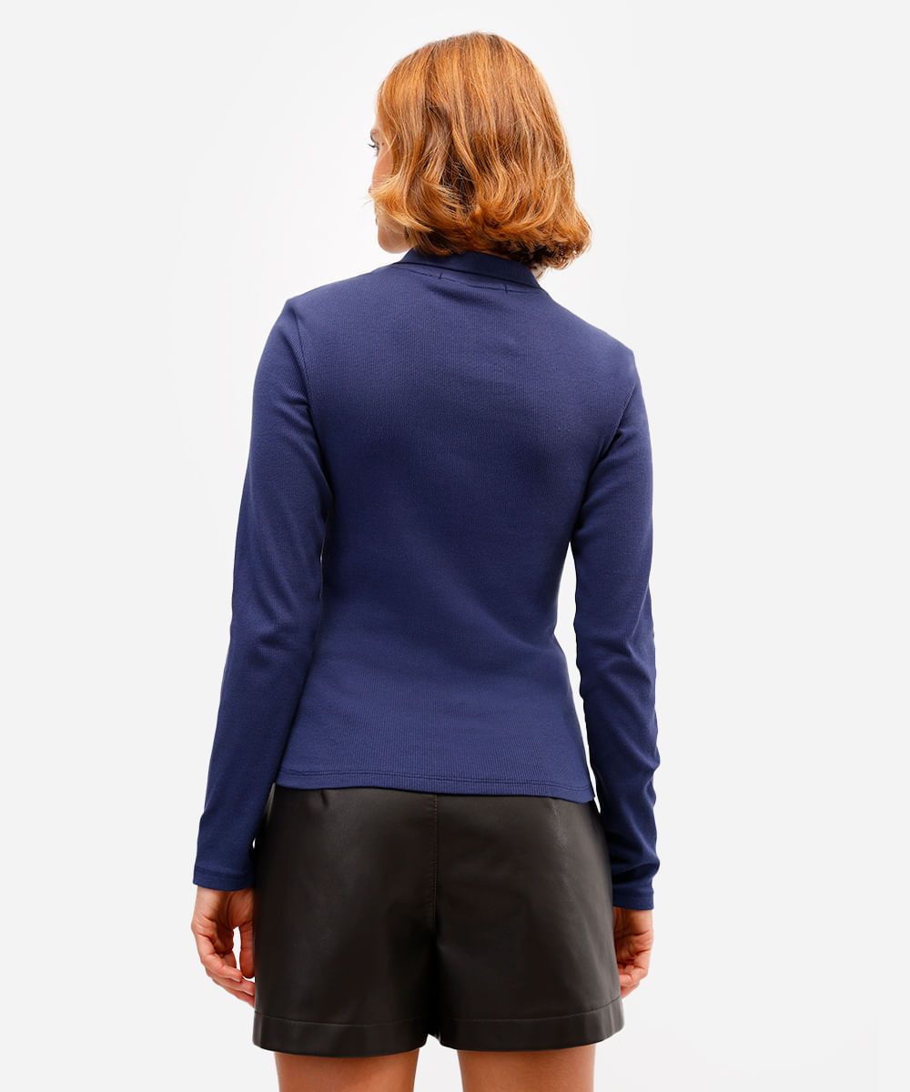 polo feminina de algodão manga longa canelada azul