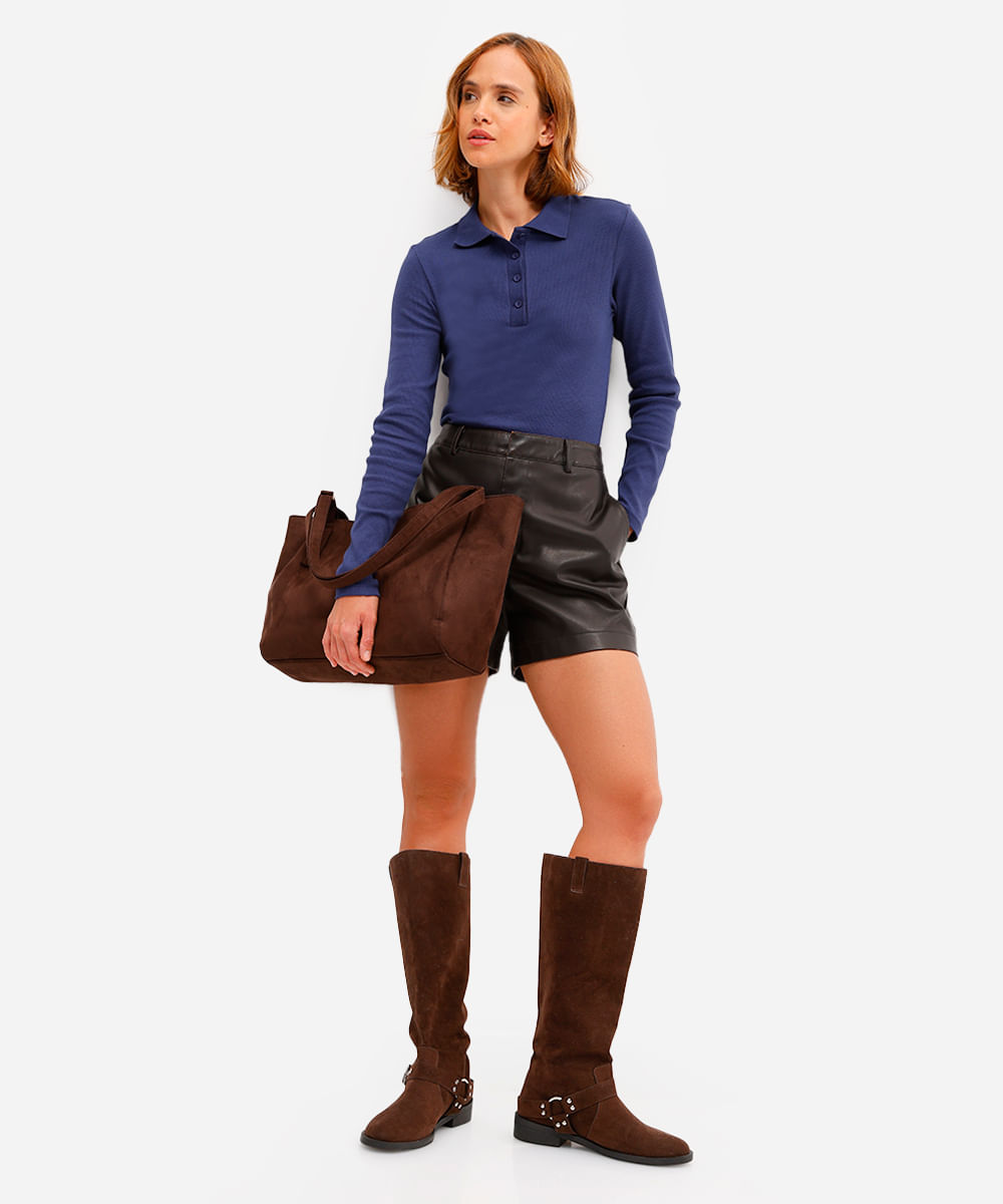 polo feminina de algodão manga longa canelada azul