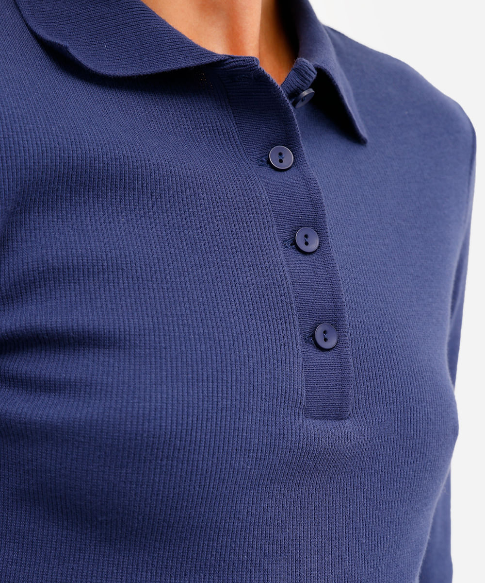 polo feminina de algodão manga longa canelada azul