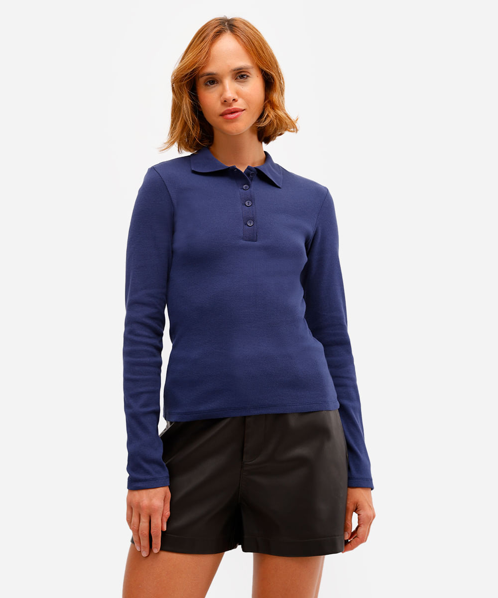 polo feminina de algodão manga longa canelada azul