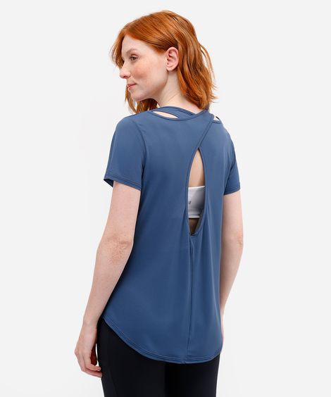 camiseta esportiva de poliamida com recorte azul