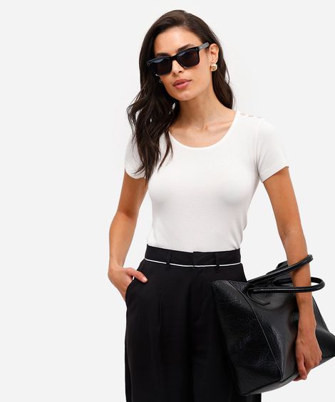 blusa baby look feminina de tricot com botões off white