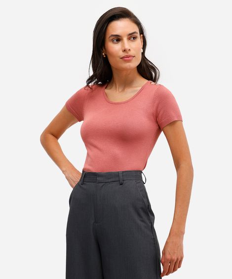 blusa baby look feminina de tricot com botões rosa