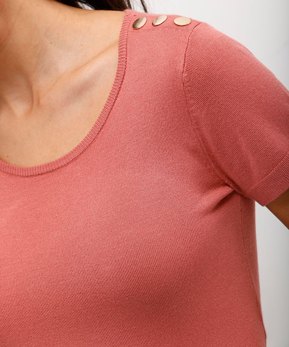 blusa baby look feminina de tricot com botões rosa
