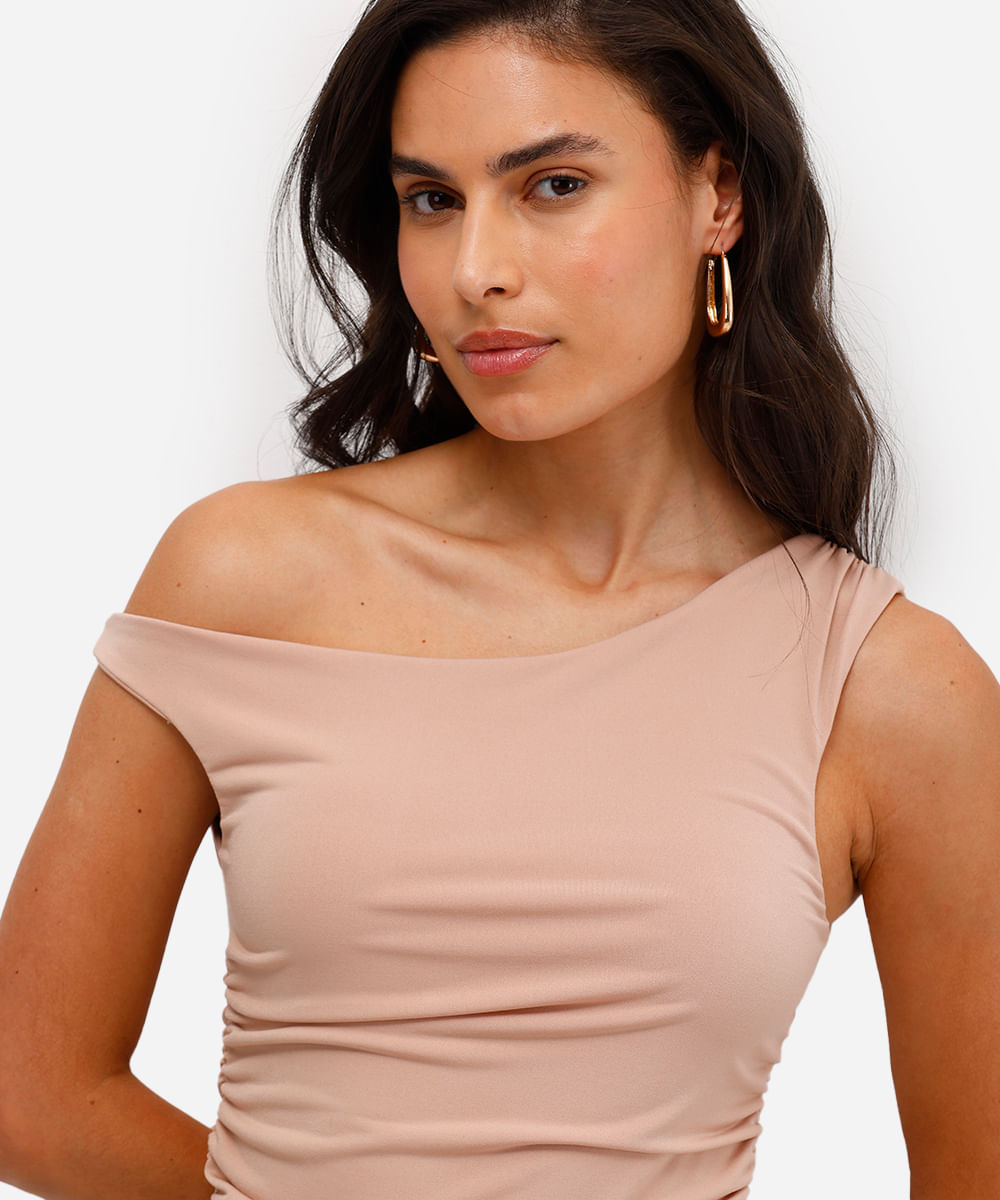 blusa feminina franzida assimétrica bege