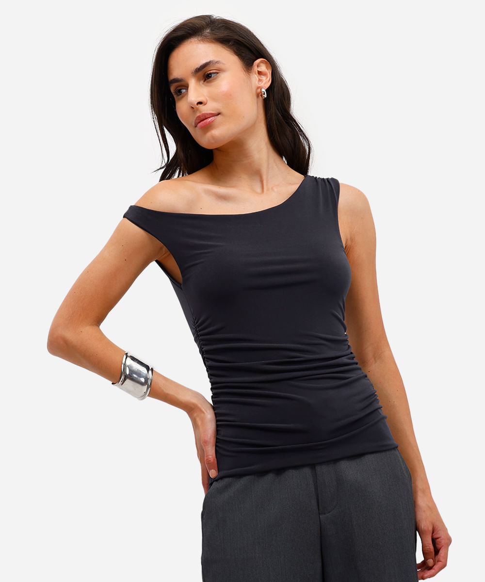 blusa feminina franzida assimétrica preta