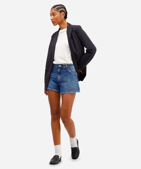 short feminino jeans cintura média destroyed azul