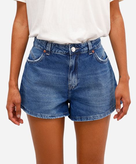 short feminino jeans cintura média destroyed azul
