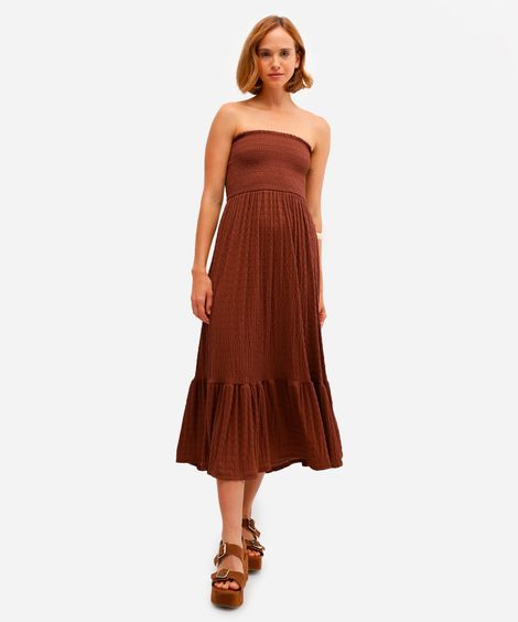 vestido midi feminino sem alça texturizado marrom