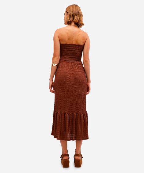 vestido midi feminino sem alça texturizado marrom