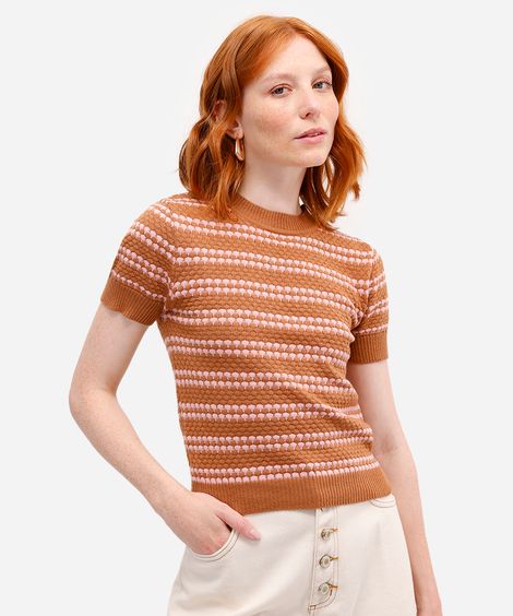 blusa feminina de tricot manga curta texturizada listrada marrom