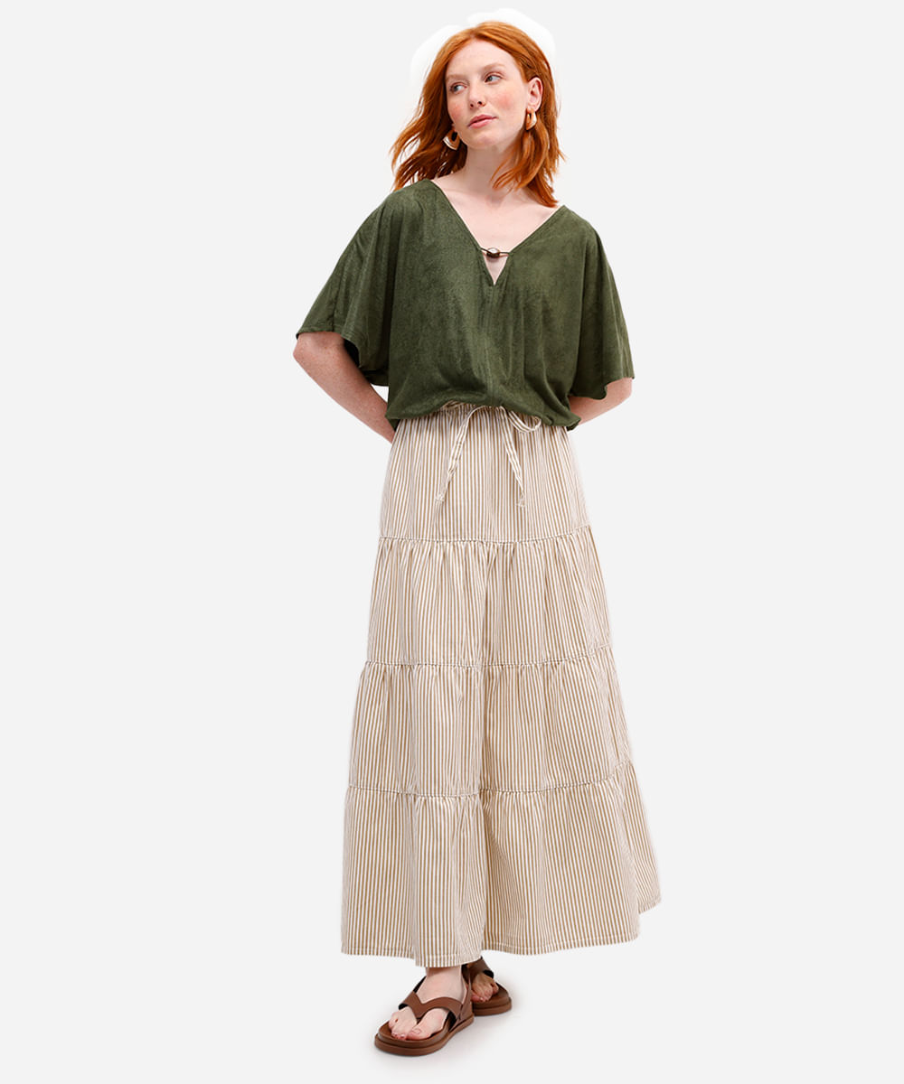 blusa feminina de suede decote v com aviamento verde