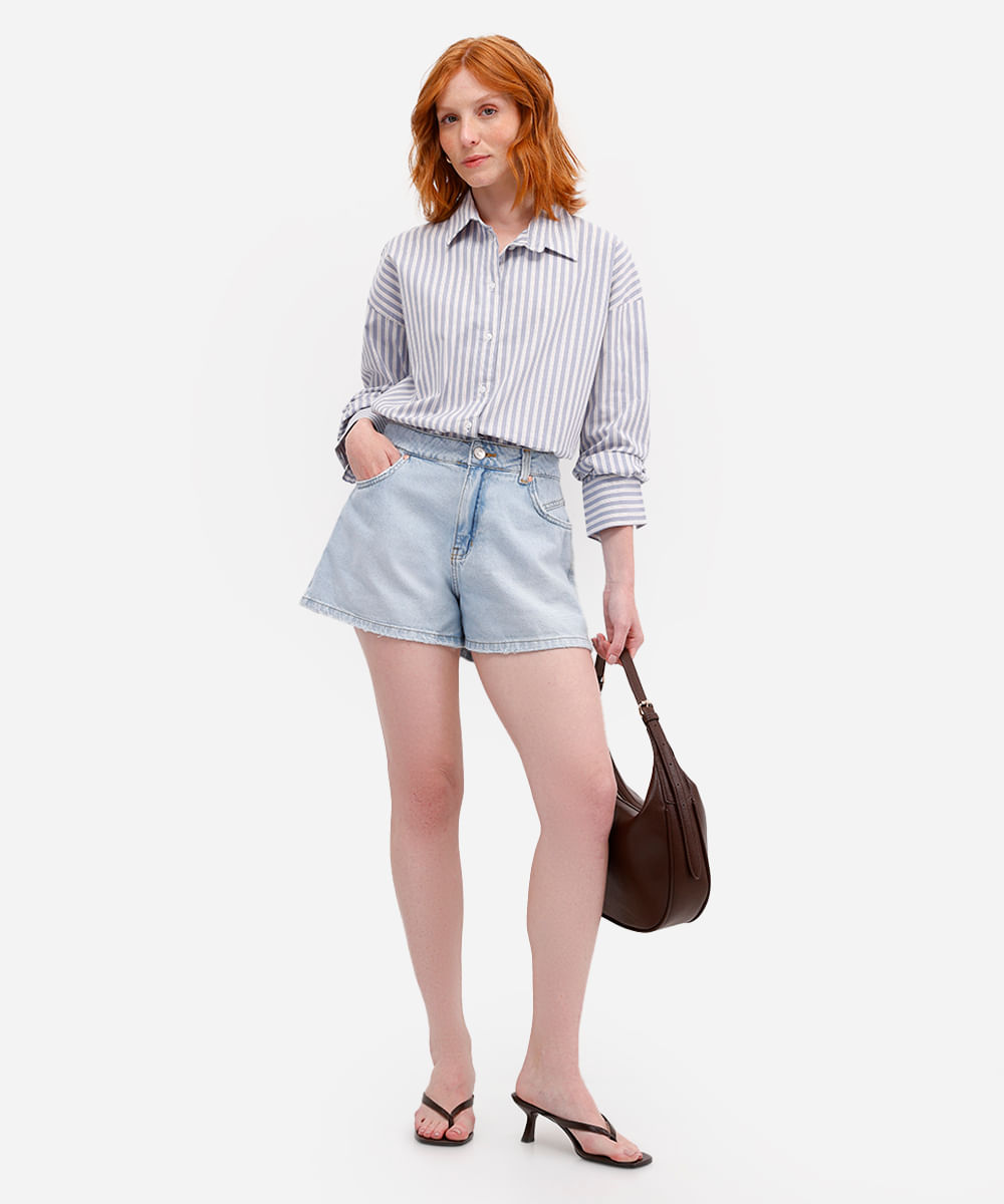 short feminino jeans cintura média azul