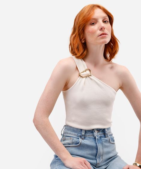 blusa ombro único feminina de tricot com fivela off white