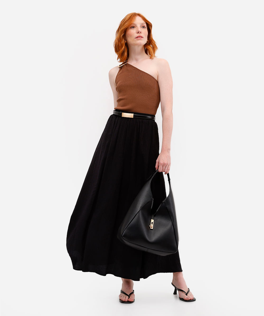 blusa ombro único feminina de tricot com fivela marrom