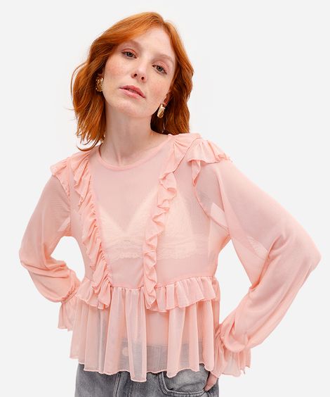 bata feminina de tule com babados rosa