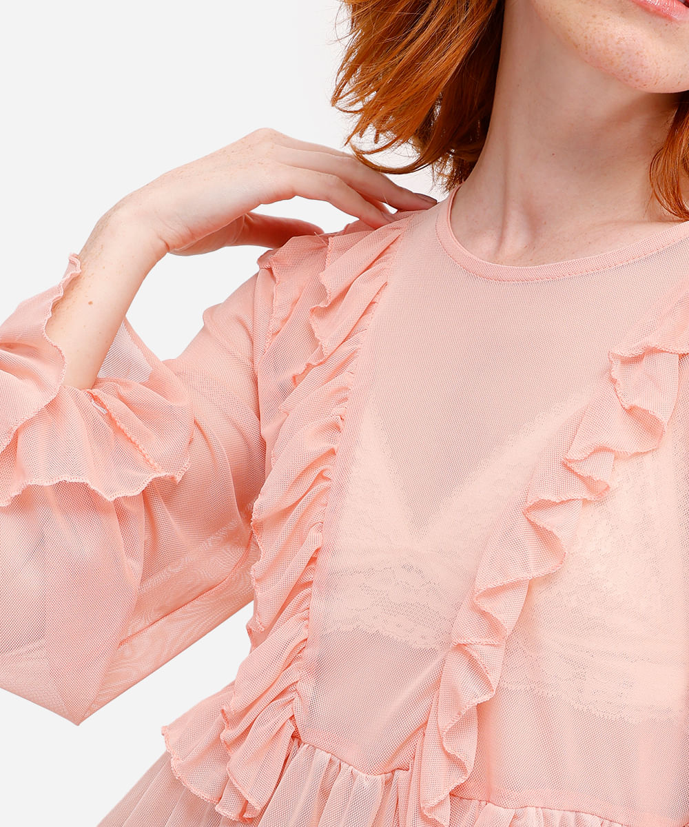 bata feminina de tule com babados rosa