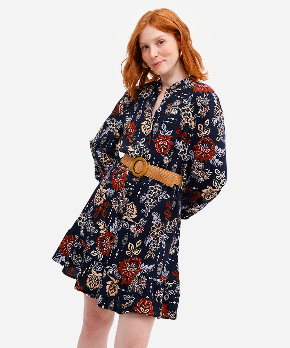 vestido chemise feminino de viscose floral com cinto azul