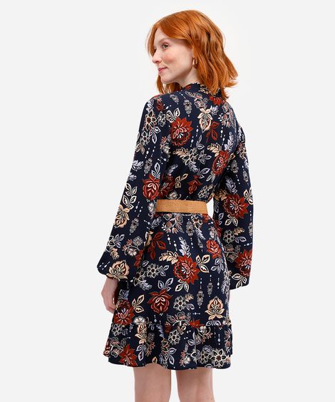 vestido chemise feminino de viscose floral com cinto azul