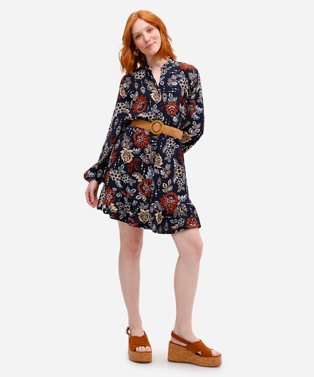 vestido chemise feminino de viscose floral com cinto azul