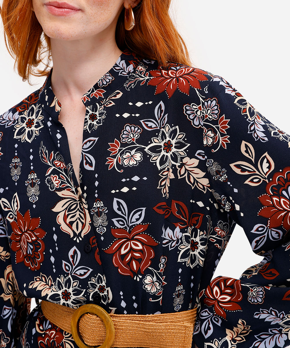 vestido chemise feminino de viscose floral com cinto azul