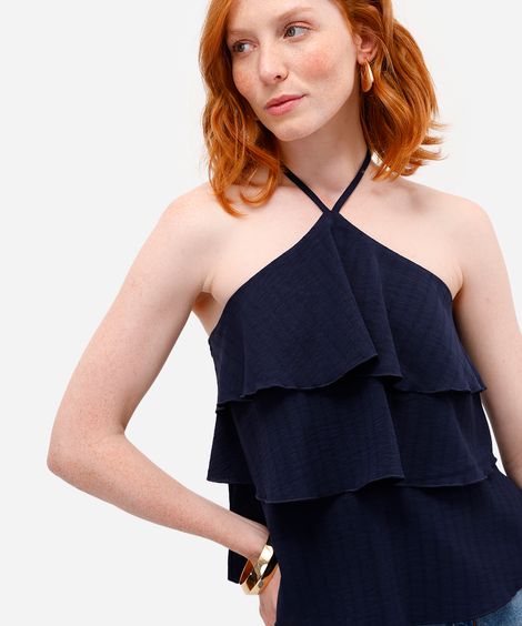 blusa frente única feminina com babados texturizada azul