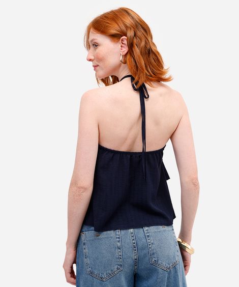 blusa frente única feminina com babados texturizada azul
