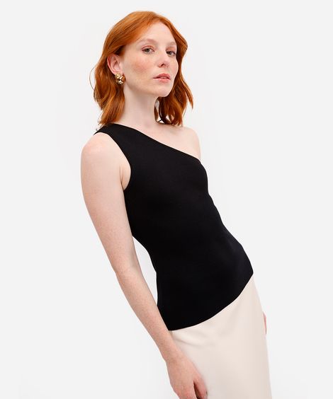 blusa ombro único feminina de tricot preta