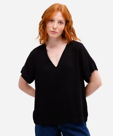blusa feminina de viscose decote v manga curta preta