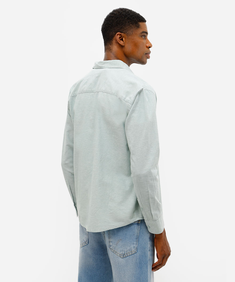camisa masculina de linho e algodão manga longa verde