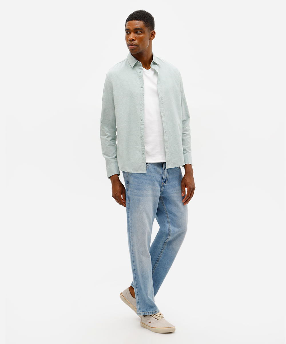 camisa masculina de linho e algodão manga longa verde