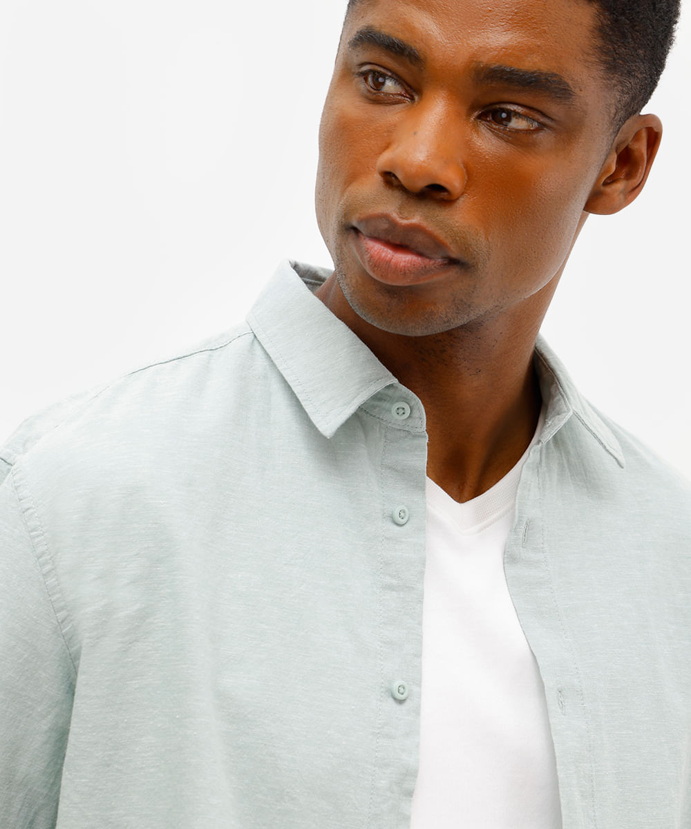 camisa masculina de linho e algodão manga longa verde