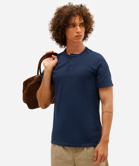polo masculina gola padre com botão piquet azul