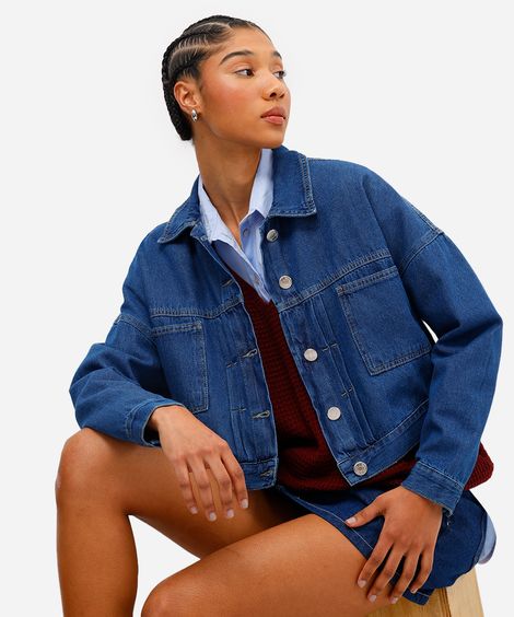 jaqueta feminina cropped jeans com pregas azul