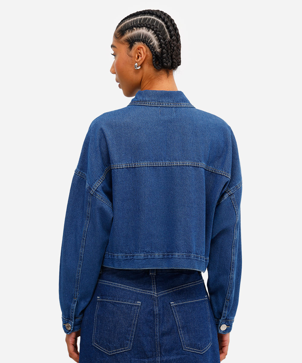jaqueta feminina cropped jeans com pregas azul