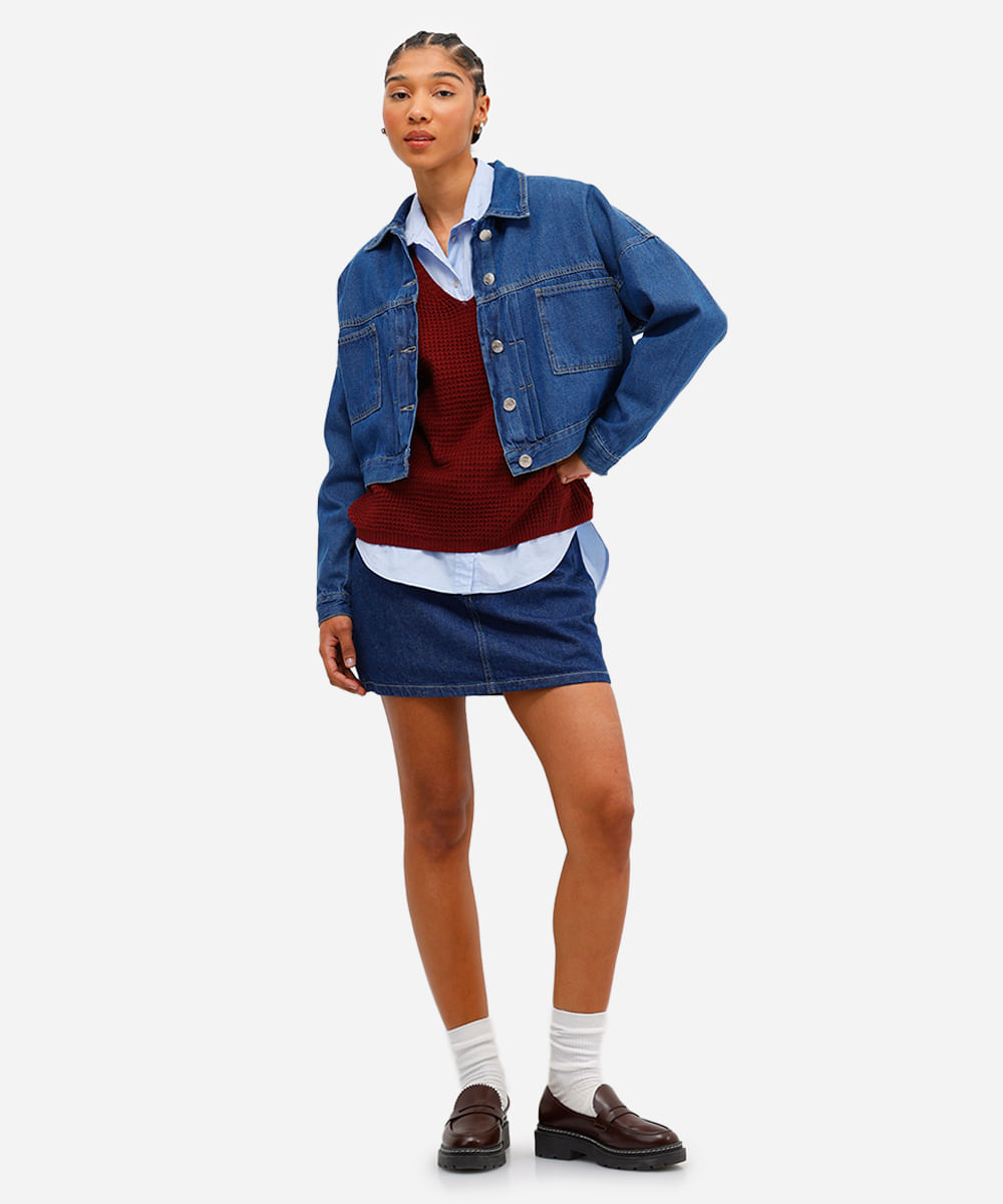 jaqueta feminina cropped jeans com pregas azul