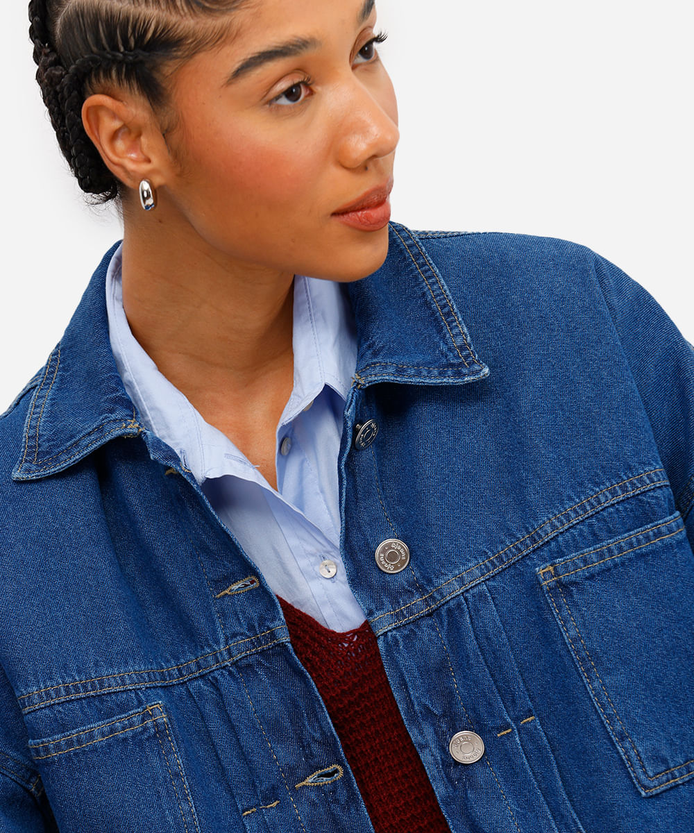 jaqueta feminina cropped jeans com pregas azul