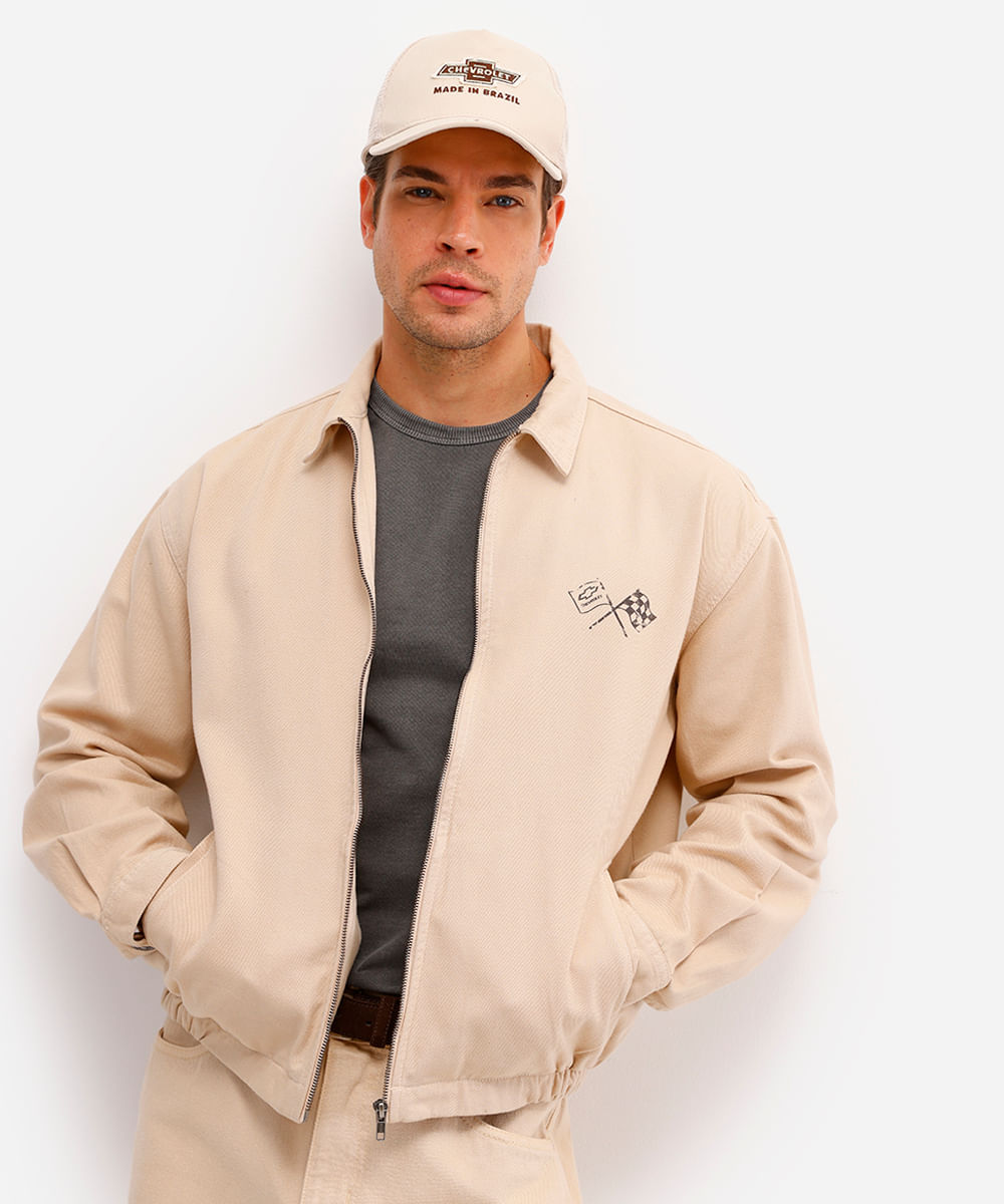 jaqueta masculina de sarja chevrolet opala bege