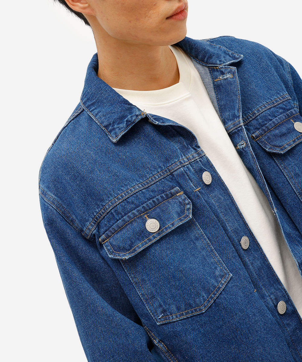 jaqueta masculina jeans com pregas azul
