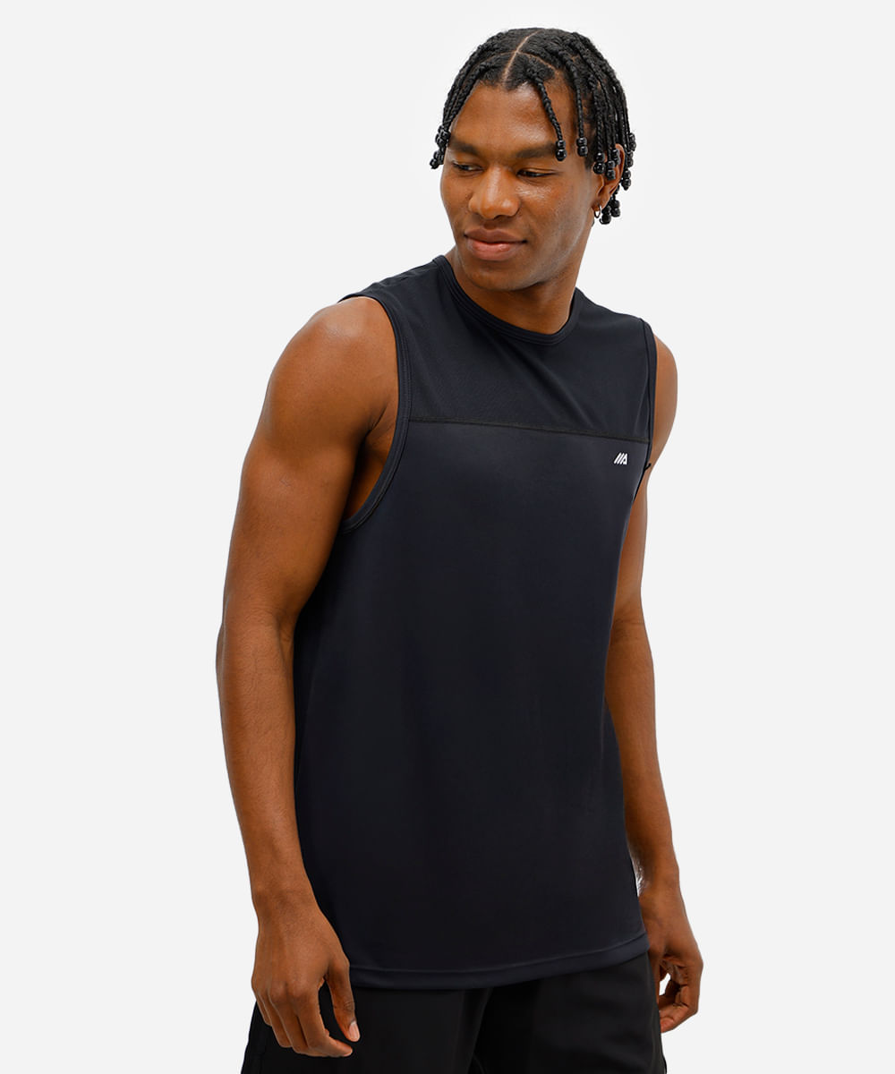 regata esportiva masculina com recortes estampada preta