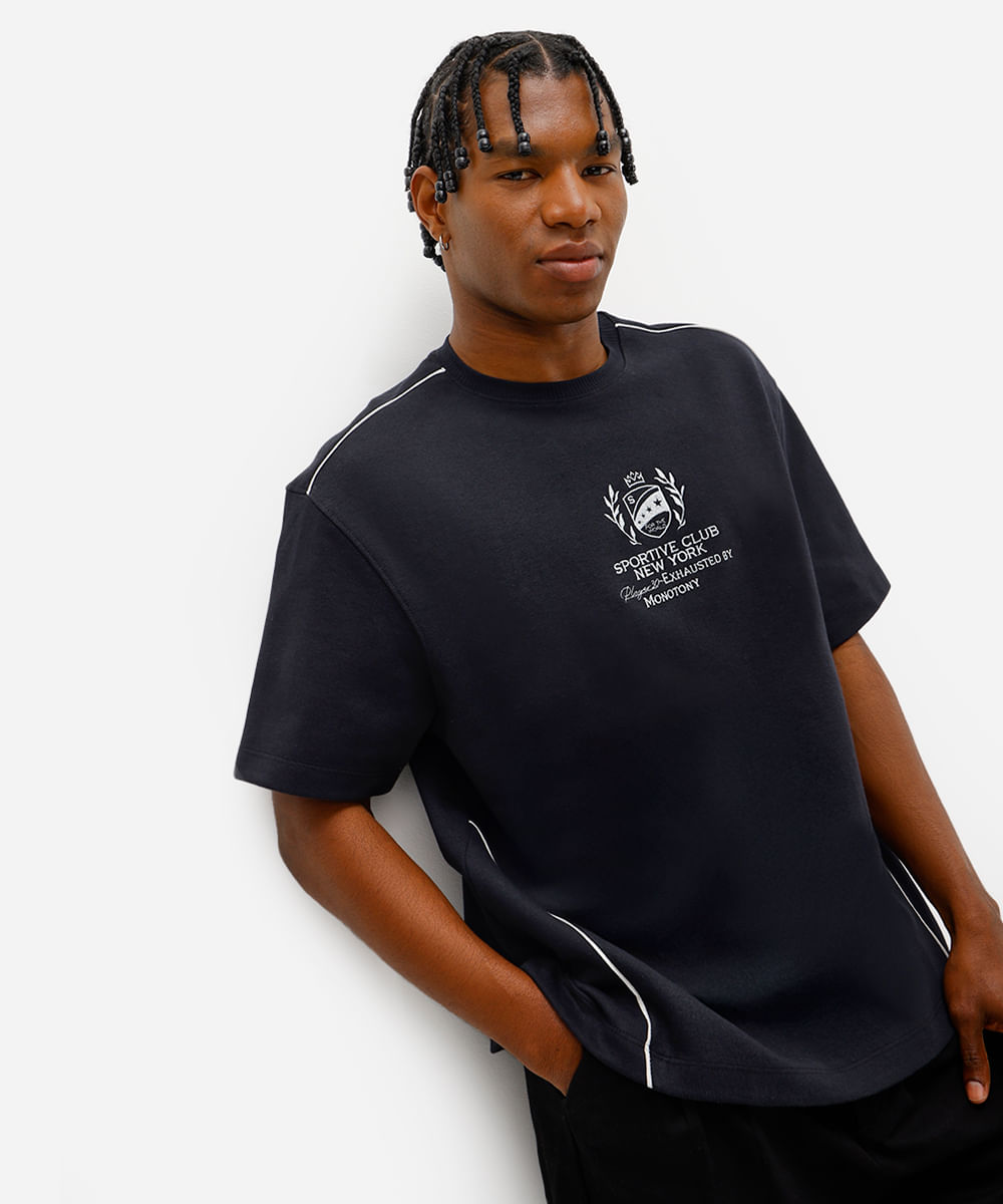 camiseta masculina de algodão com bordado preta