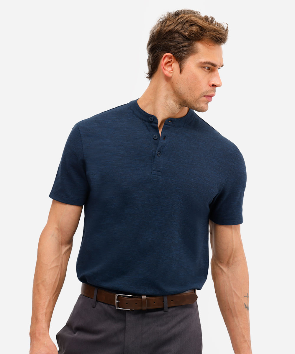 polo masculina de algodão gola padre texturizada azul
