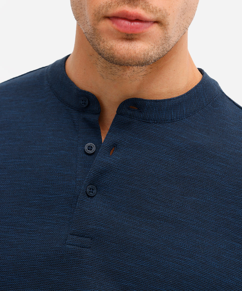 polo masculina de algodão gola padre texturizada azul