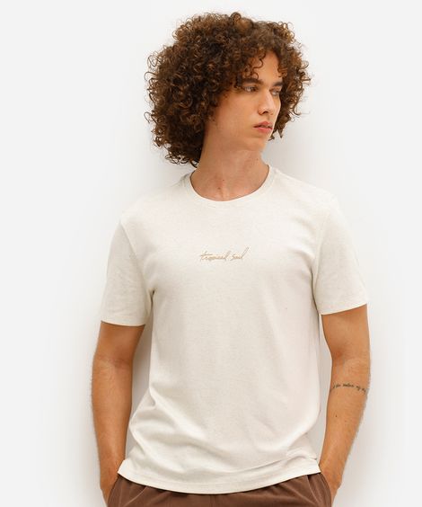 camiseta masculina com linho e bordado off white