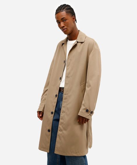 trench coat masculino de sarja com cinto bege